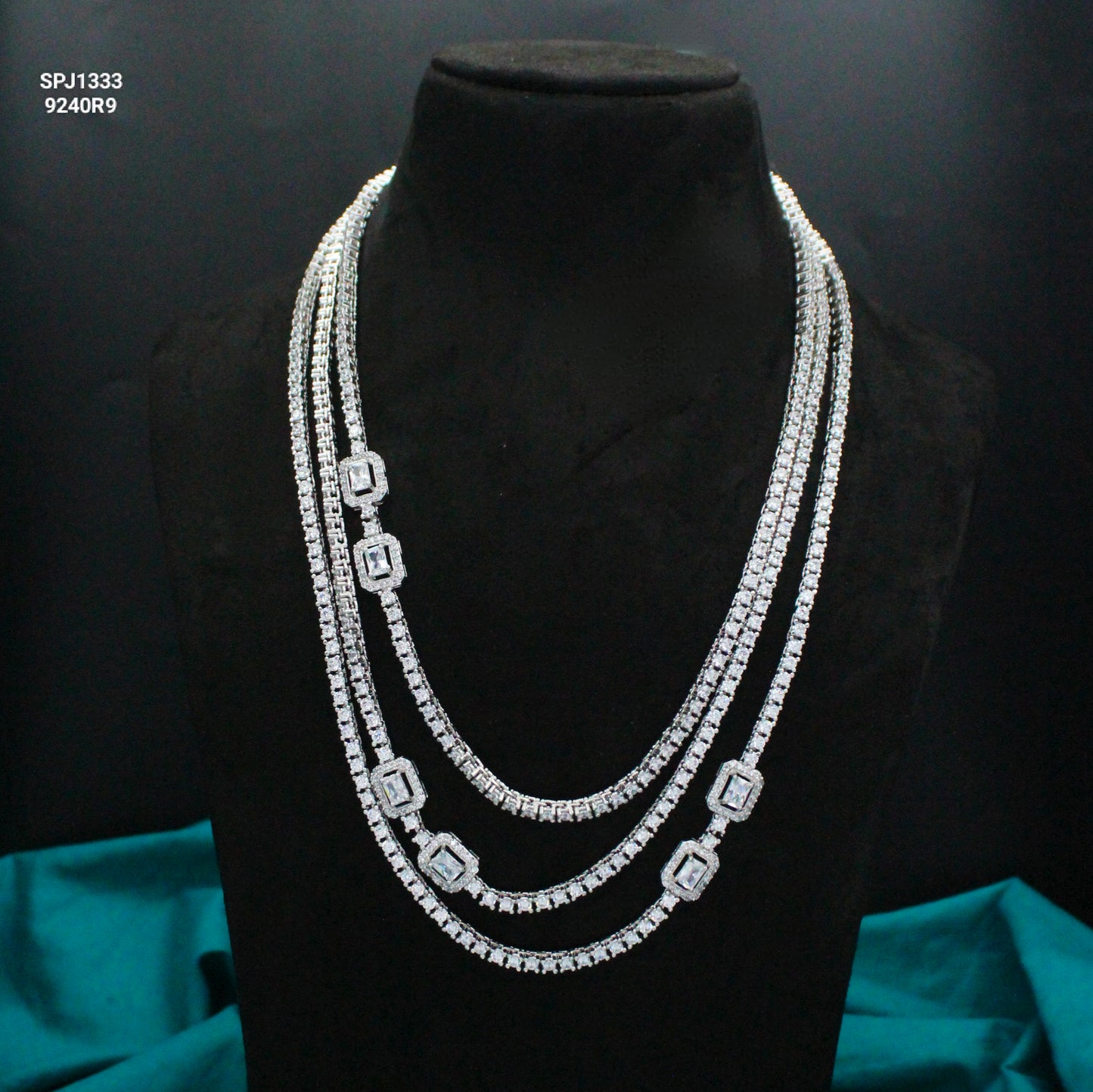 Platinum Full White 3 Layers Fancy Necklace Set With Push Back Earrings 1333