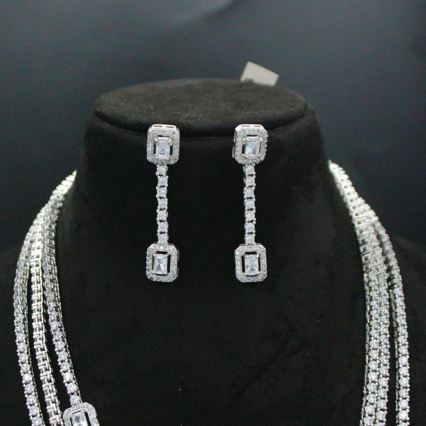 Platinum Full White 3 Layers Fancy Necklace Set With Push Back Earrings 1333
