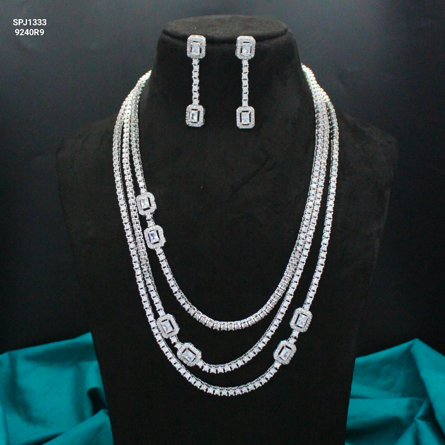 Platinum Full White 3 Layers Fancy Necklace Set With Push Back Earrings 1333