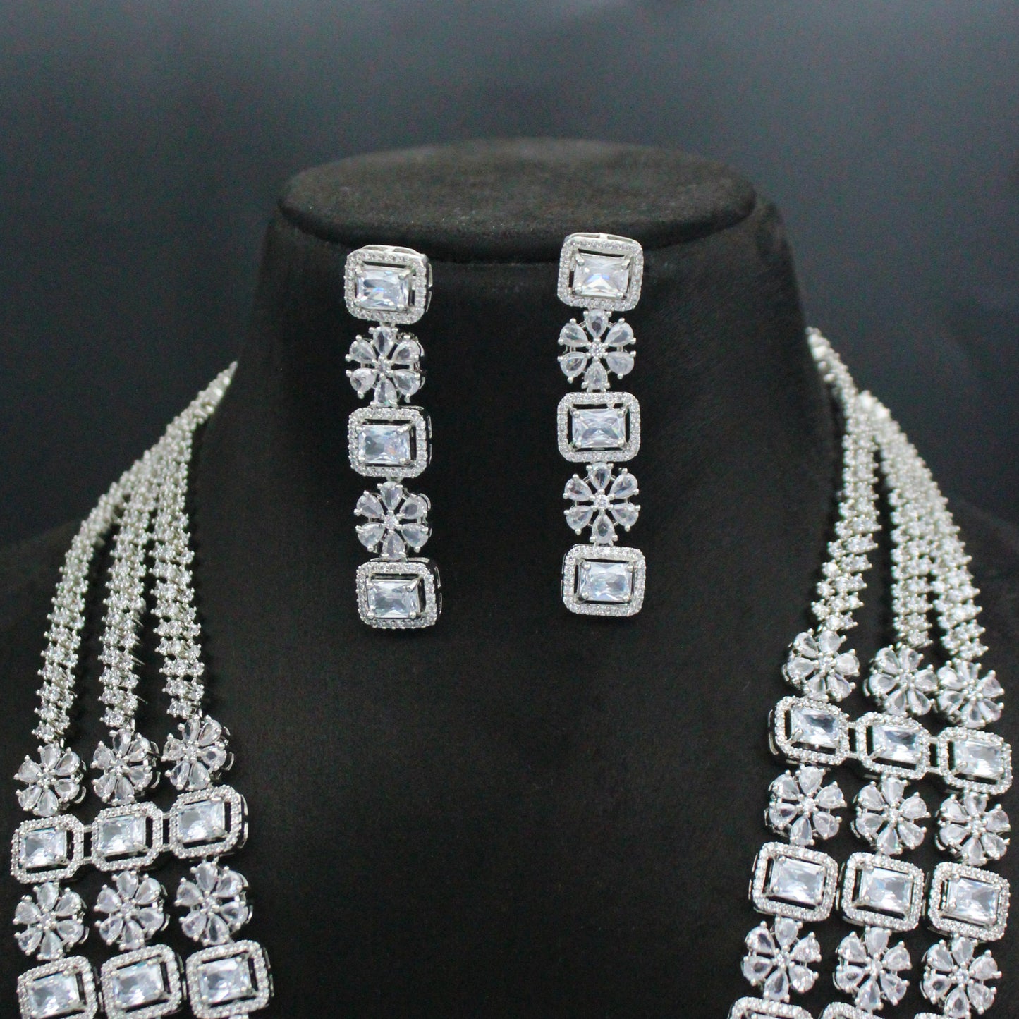 Platinum Full White Square Stone Long Necklace Set With Push Back Earrings 19221
