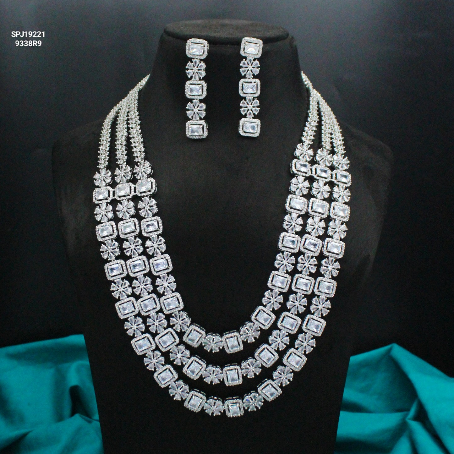 Platinum Full White Square Stone Long Necklace Set With Push Back Earrings 19221