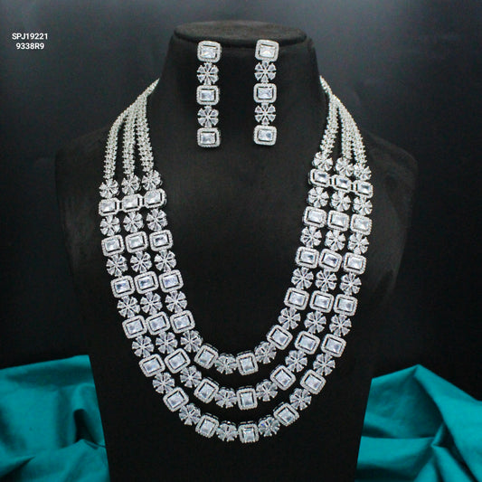 Platinum Full White Square Stone Long Necklace Set With Push Back Earrings 19221