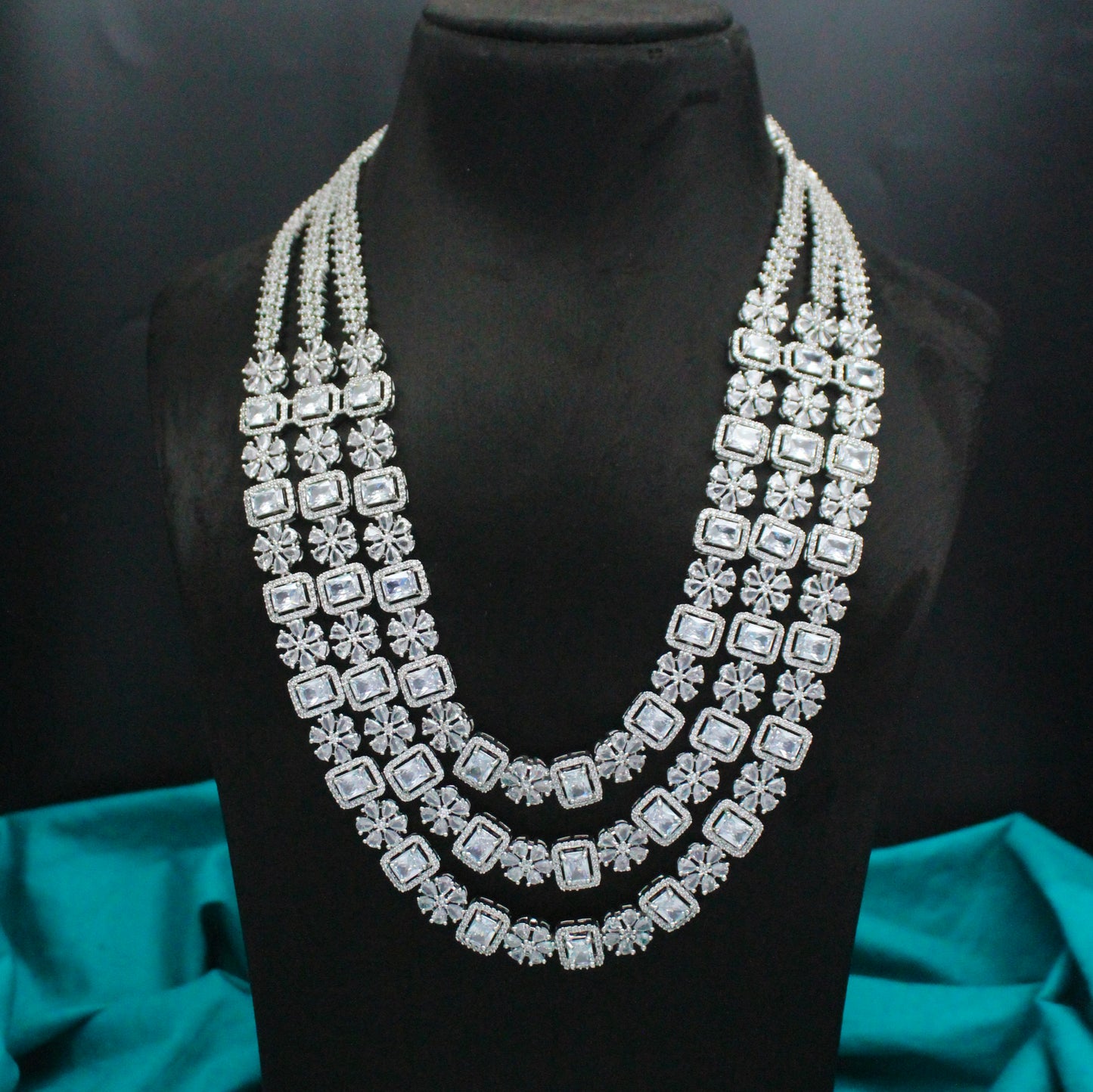 Platinum Full White Square Stone Long Necklace Set With Push Back Earrings 19221