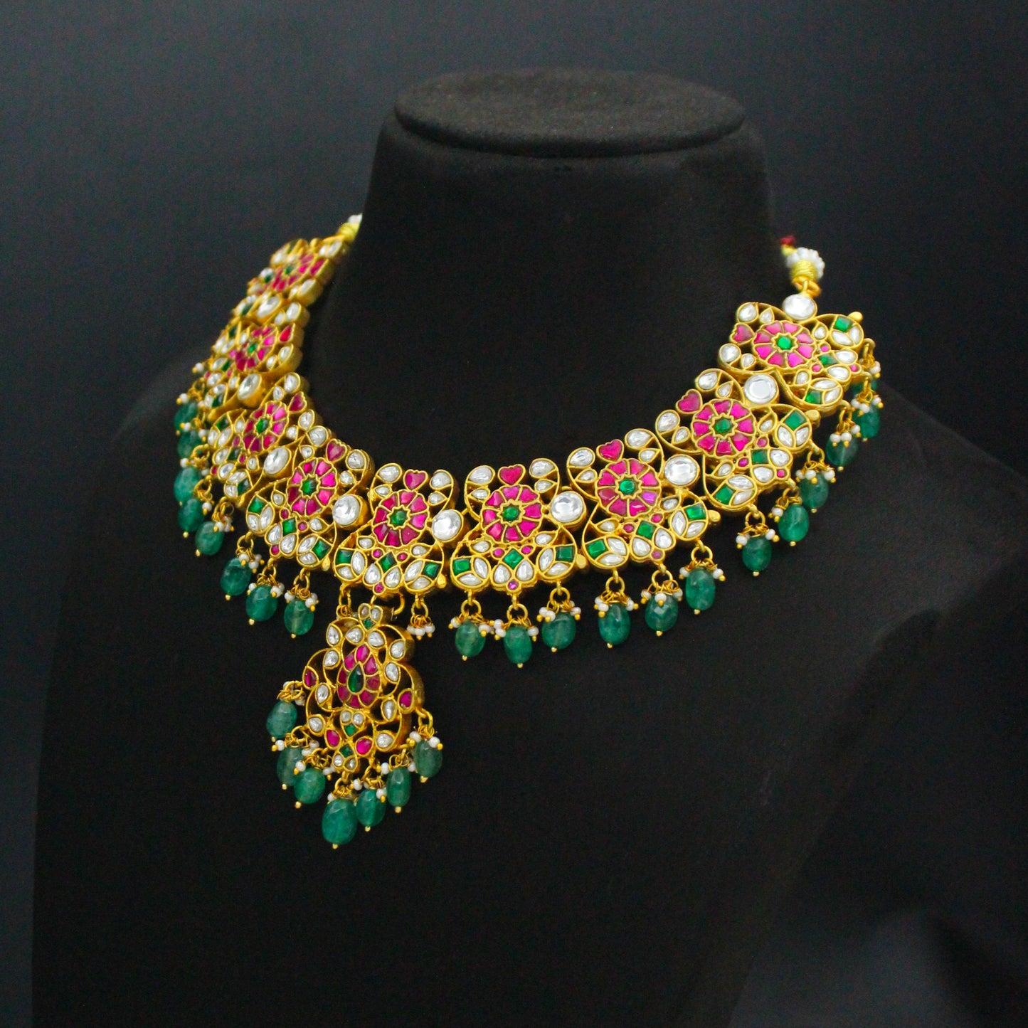 Jadau Kundan Multi Floral Short Necklace Set With Green Beads 42848