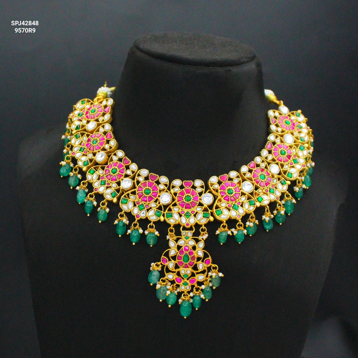 Jadau Kundan Multi Floral Short Necklace Set With Green Beads 42848