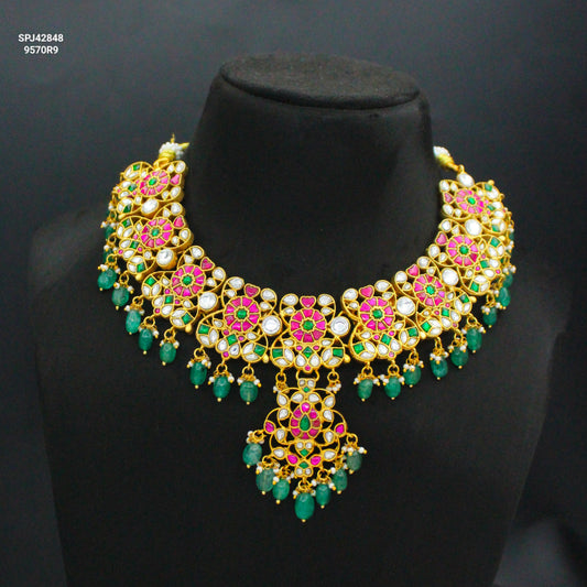 Jadau Kundan Multi Floral Short Necklace Set With Green Beads 42848