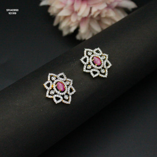 Diamond Look Flower Red Studs With Push Back 42850