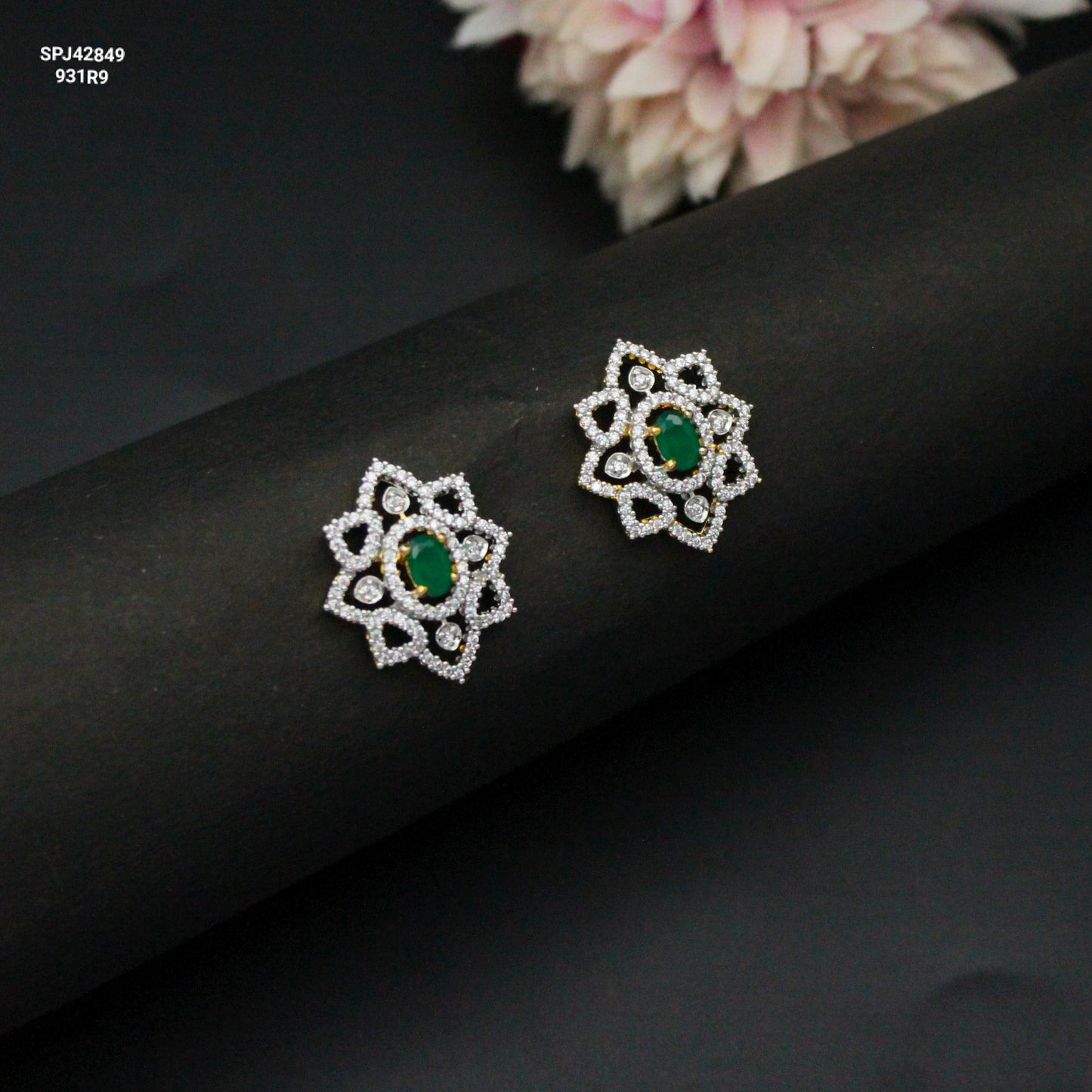 Diamond Look Flower Green Studs With Push Back 42849