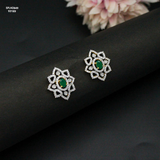 Diamond Look Flower Green Studs With Push Back 42849