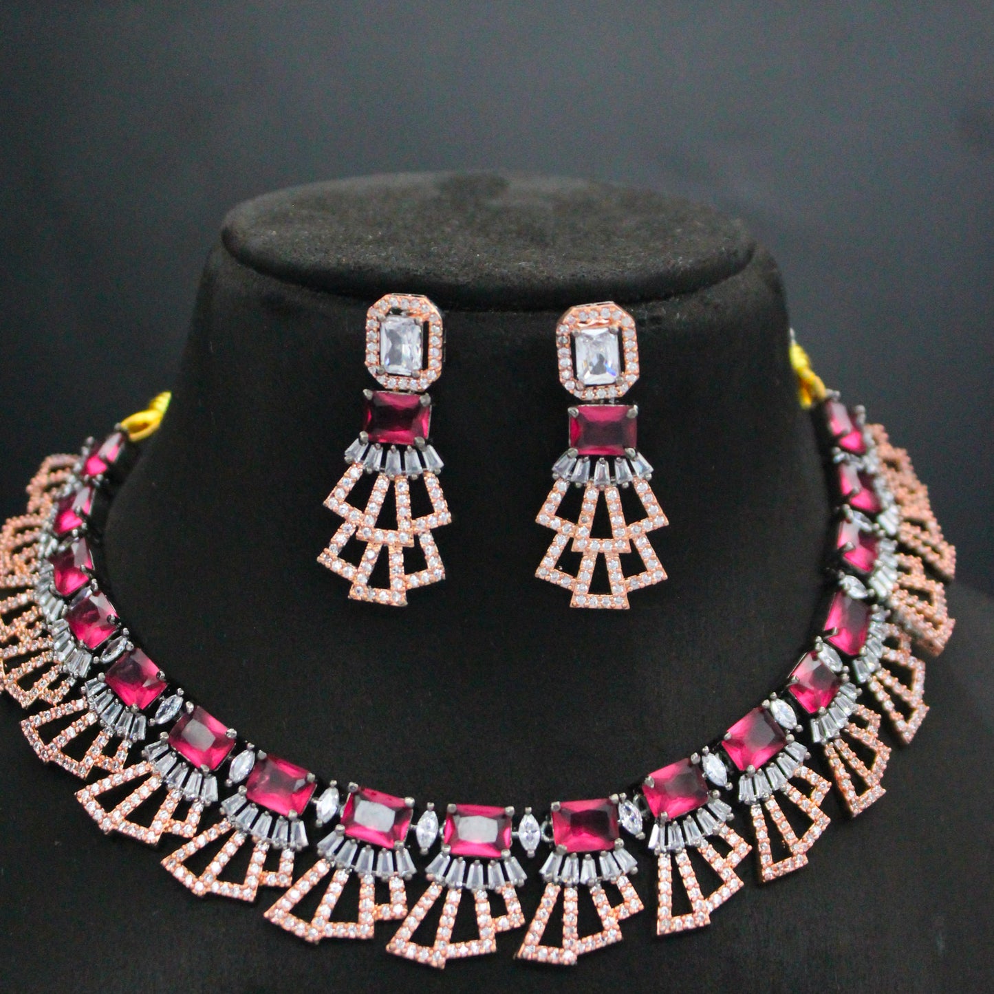 Victorian Rose Gold Ruby Short Fancy Necklace Set With Push Back Earrings 16165