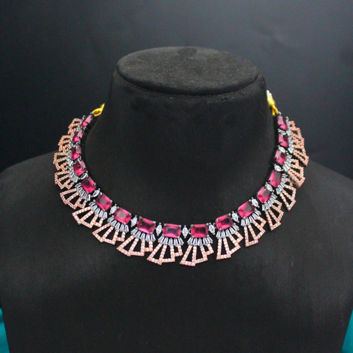 Victorian Rose Gold Ruby Short Fancy Necklace Set With Push Back Earrings 16165