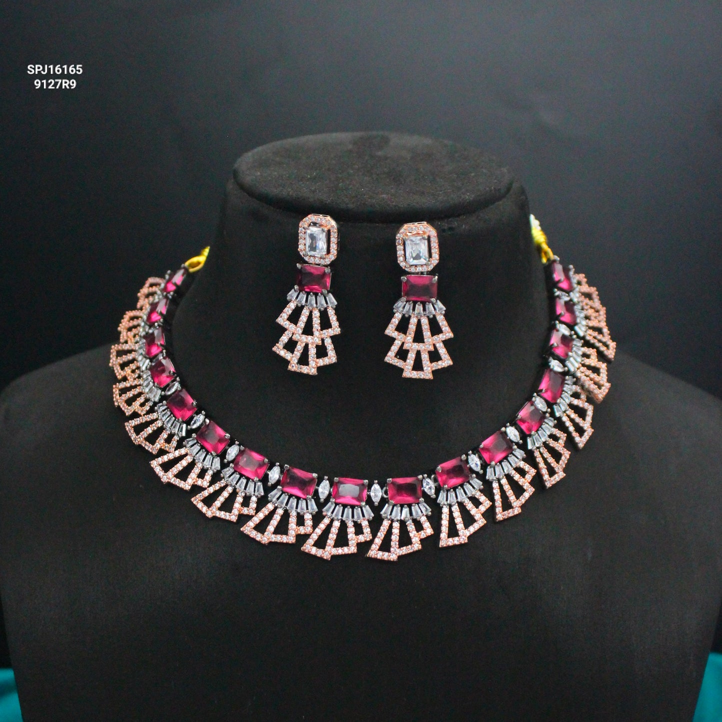 Victorian Rose Gold Ruby Short Fancy Necklace Set With Push Back Earrings 16165