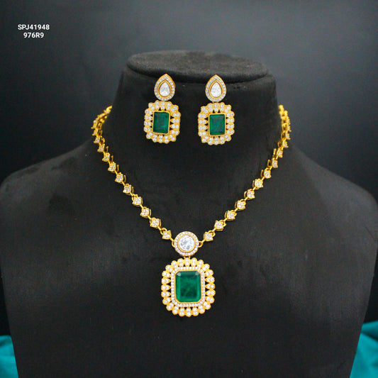 Victorian Moissanite Green Stone Short Necklace Set With Screw Back Earrings 41948