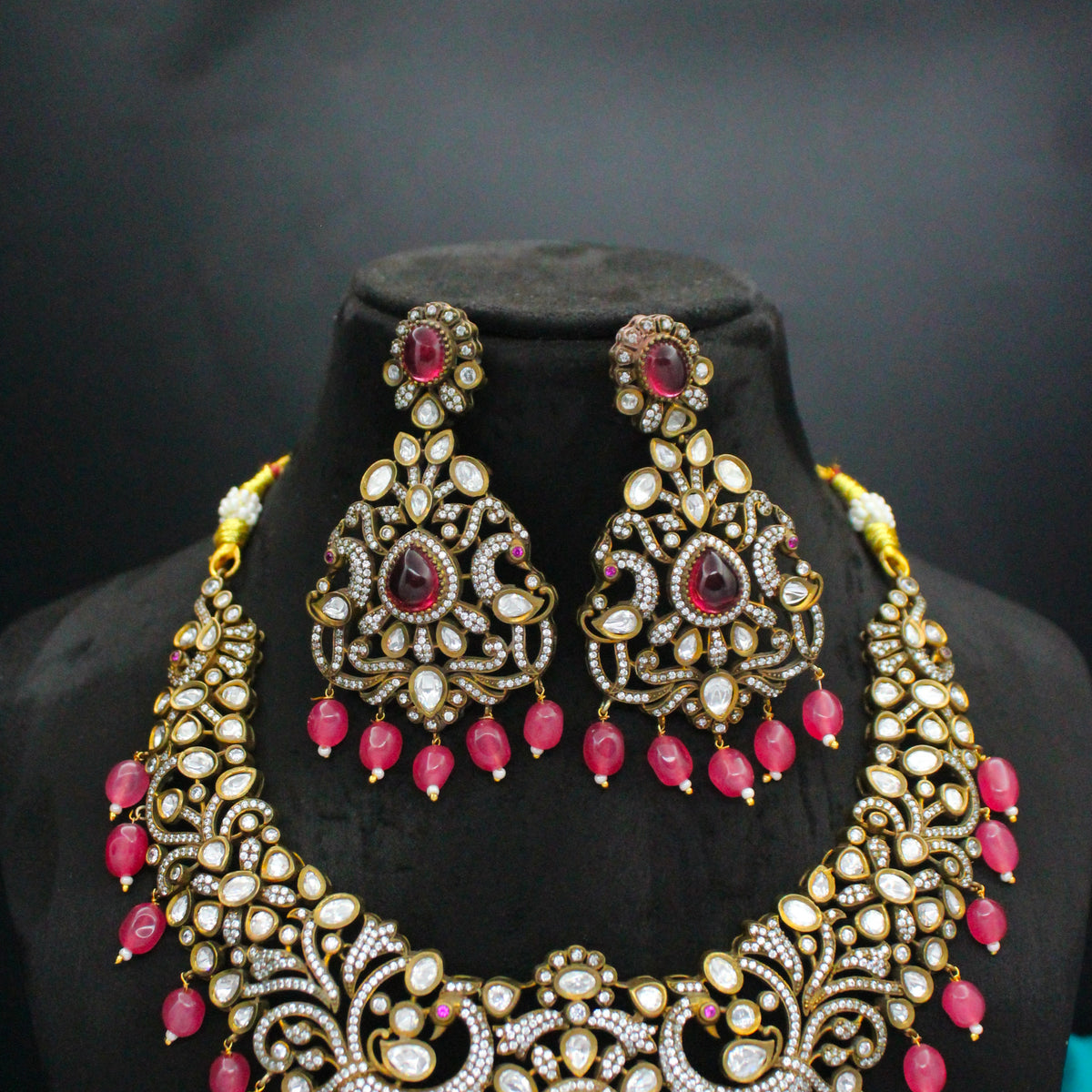 Victorian Broad Red Necklace Set with Pushback Earrings