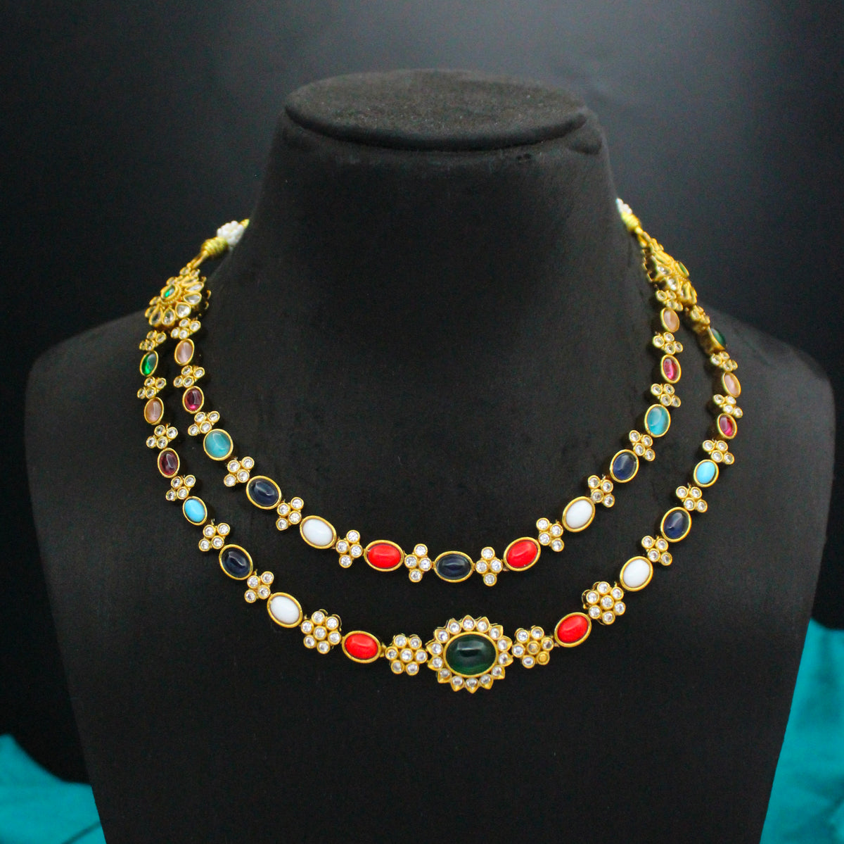 Navratna 2-Line Necklace Set with Coral Jhumkas SP-39856