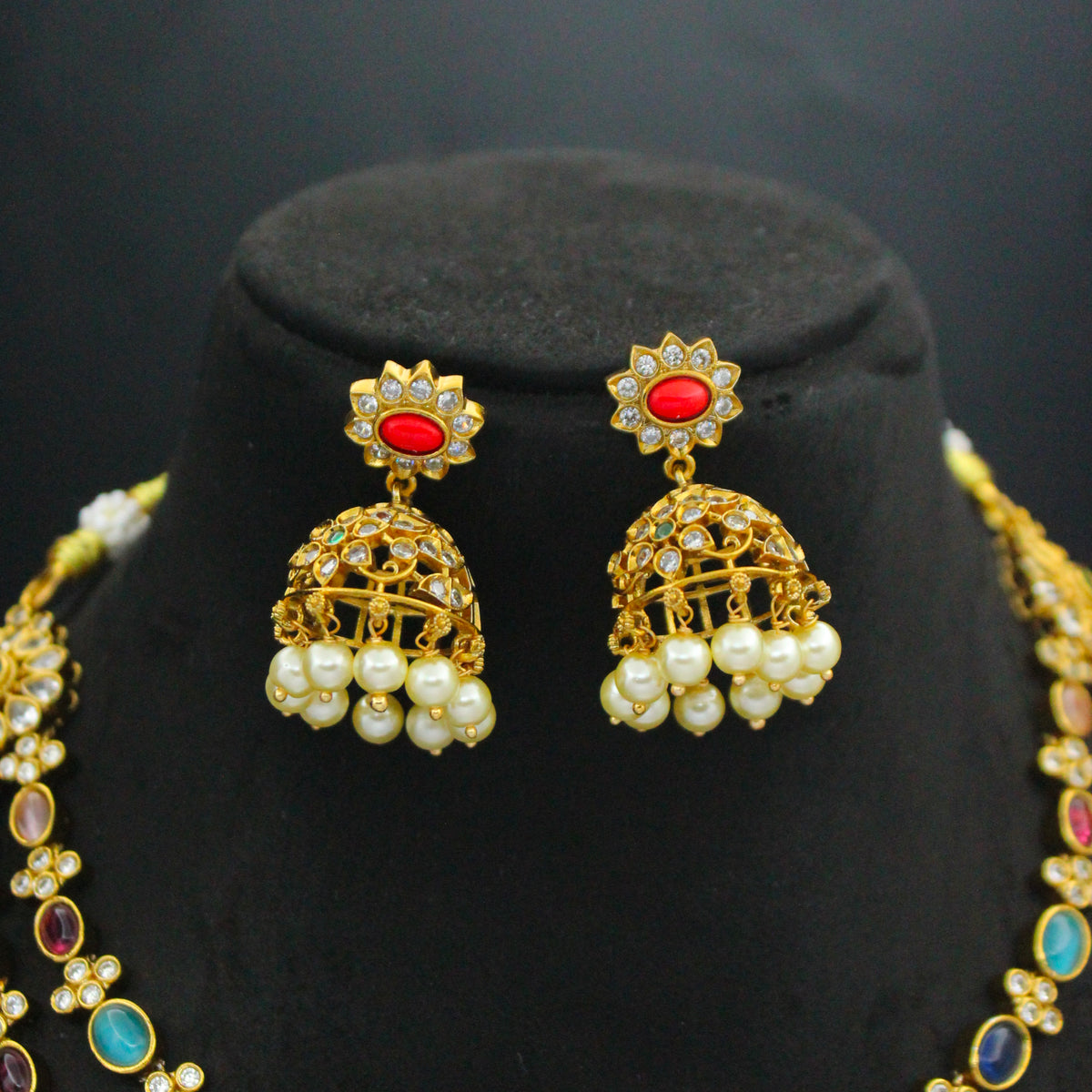 Navratna 2-Line Necklace Set with Coral Jhumkas SP-39856