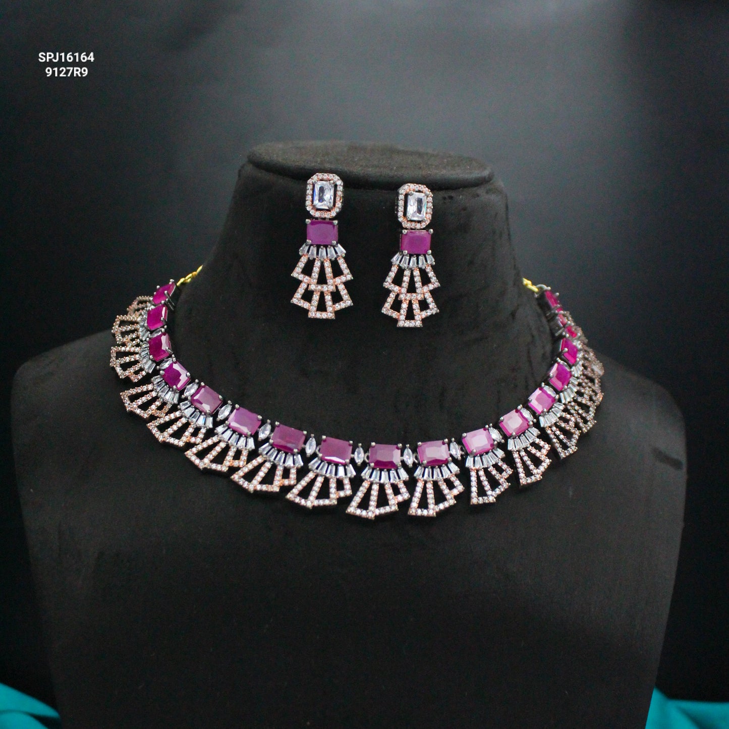 Victorian Black Finish Ruby Stone Necklace SP-16164