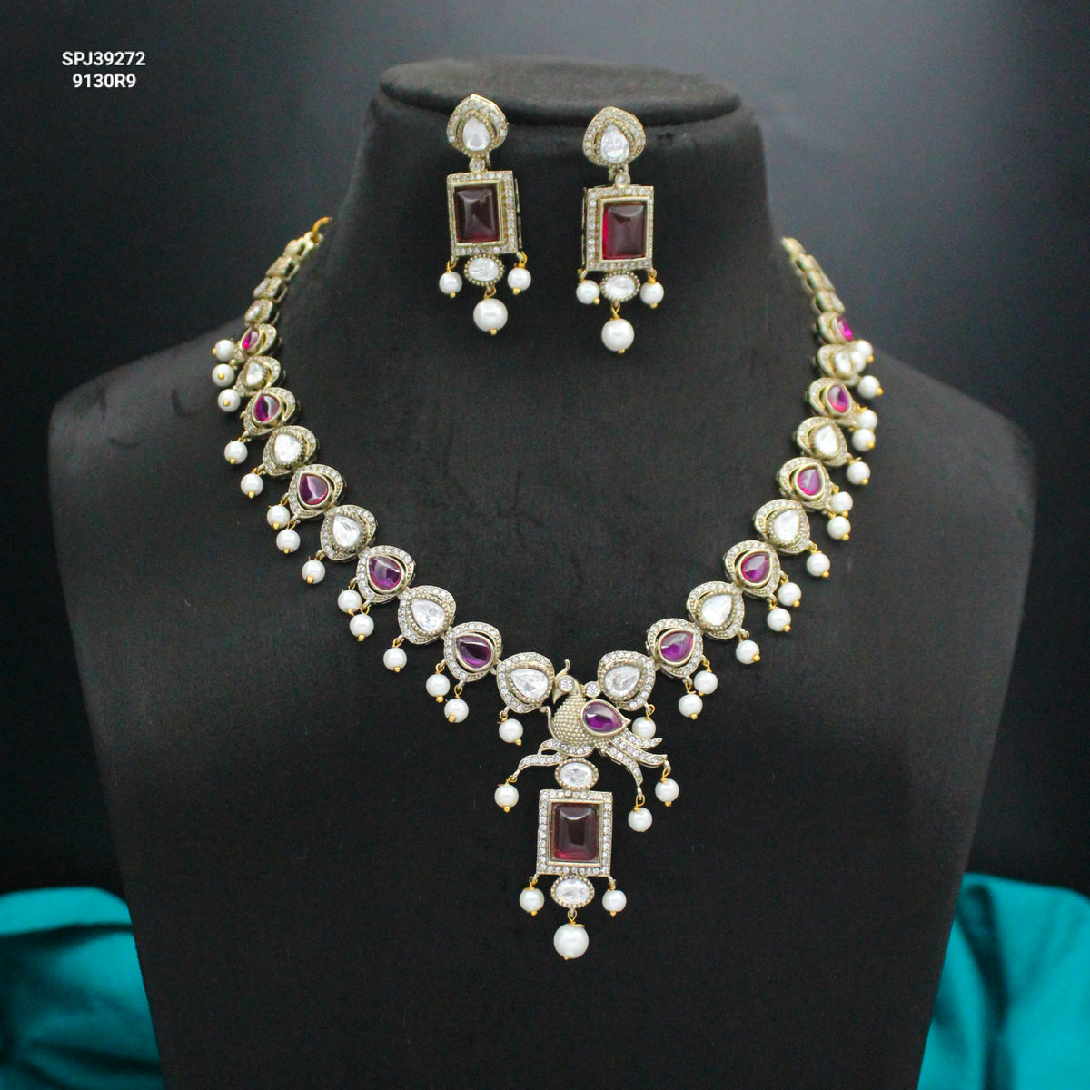 Victorian Mehendi Necklace with Pearls, Ruby & Moissanite Stones SP-39272