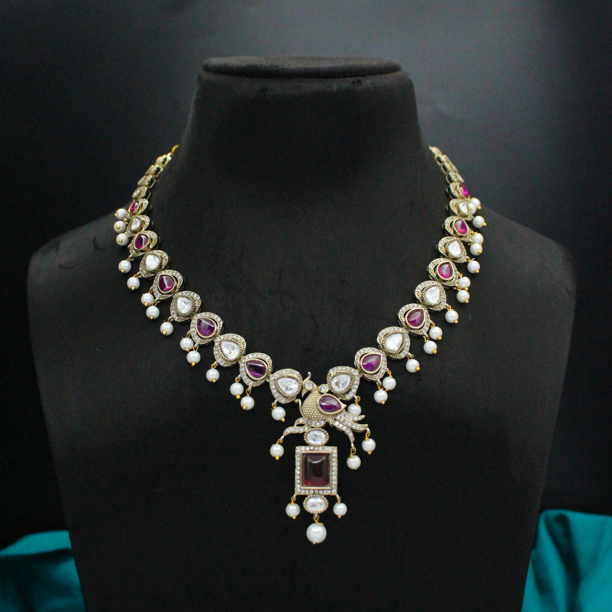 Victorian Mehendi Necklace with Pearls, Ruby & Moissanite Stones SP-39272