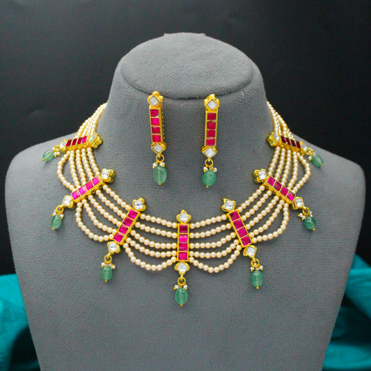 Jadau Kundan Short Necklace Set With Push Back Earrings - 42856