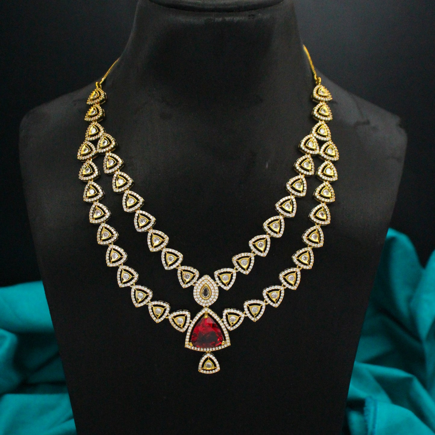 Victorian Mehendi 2-Layer Ruby Bridal Necklace Set SP-40155