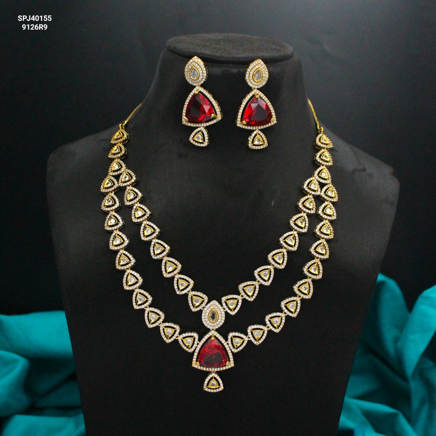 Victorian Mehendi 2-Layer Ruby Bridal Necklace Set SP-40155
