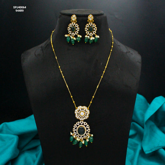 Single-Line Ball Chain Green Stone Pendant Set SP-40064