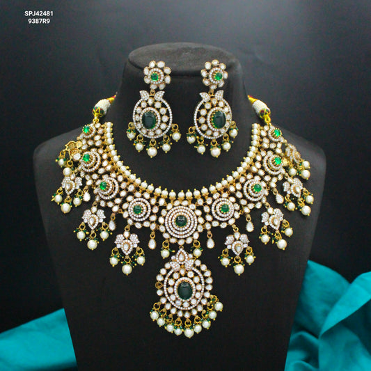 42481 Victorian Moissanite Green Broad Necklace Set With Push Back Earrings