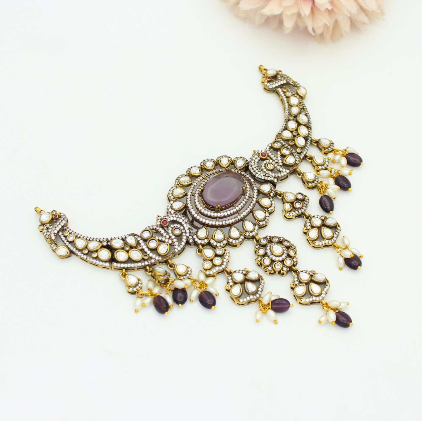 Victorian Moissanite Peacock Purple Kante With Purple Beads and Push Back Earrings 33691