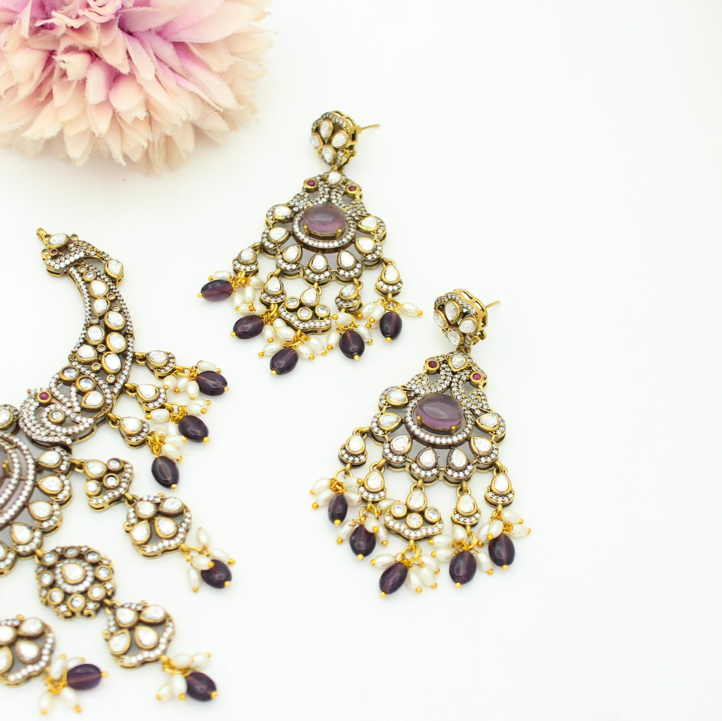 Victorian Moissanite Peacock Purple Kante With Purple Beads and Push Back Earrings 33691