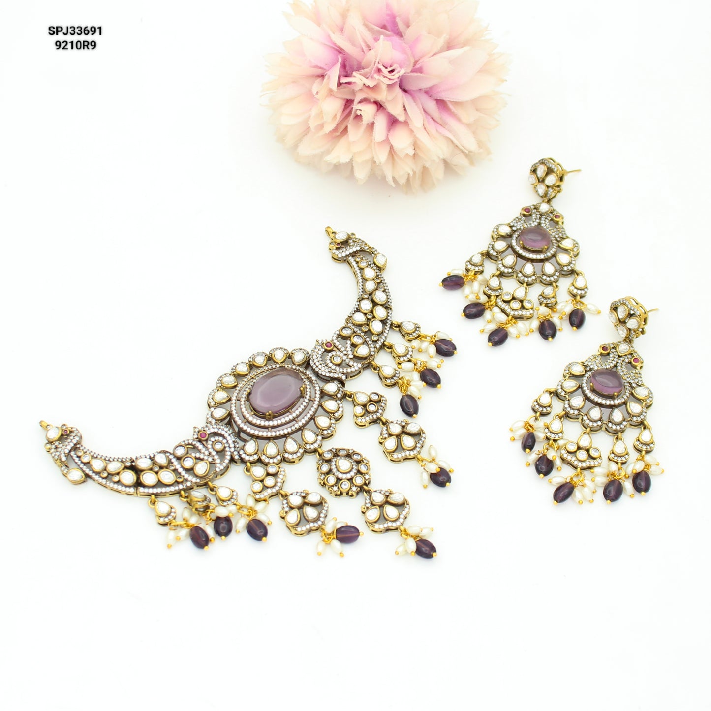 Victorian Moissanite Peacock Purple Kante With Purple Beads and Push Back Earrings 33691