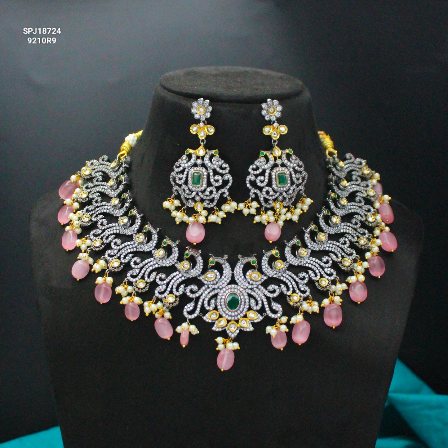 Victorian Peacock Green Short Necklace Set With Pink Beads And Push Back Earrings 18724