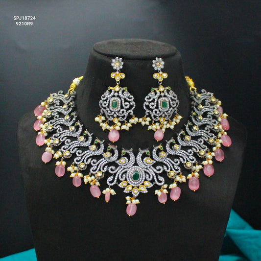 Victorian Peacock Green Short Necklace Set With Pink Beads And Push Back Earrings 18724