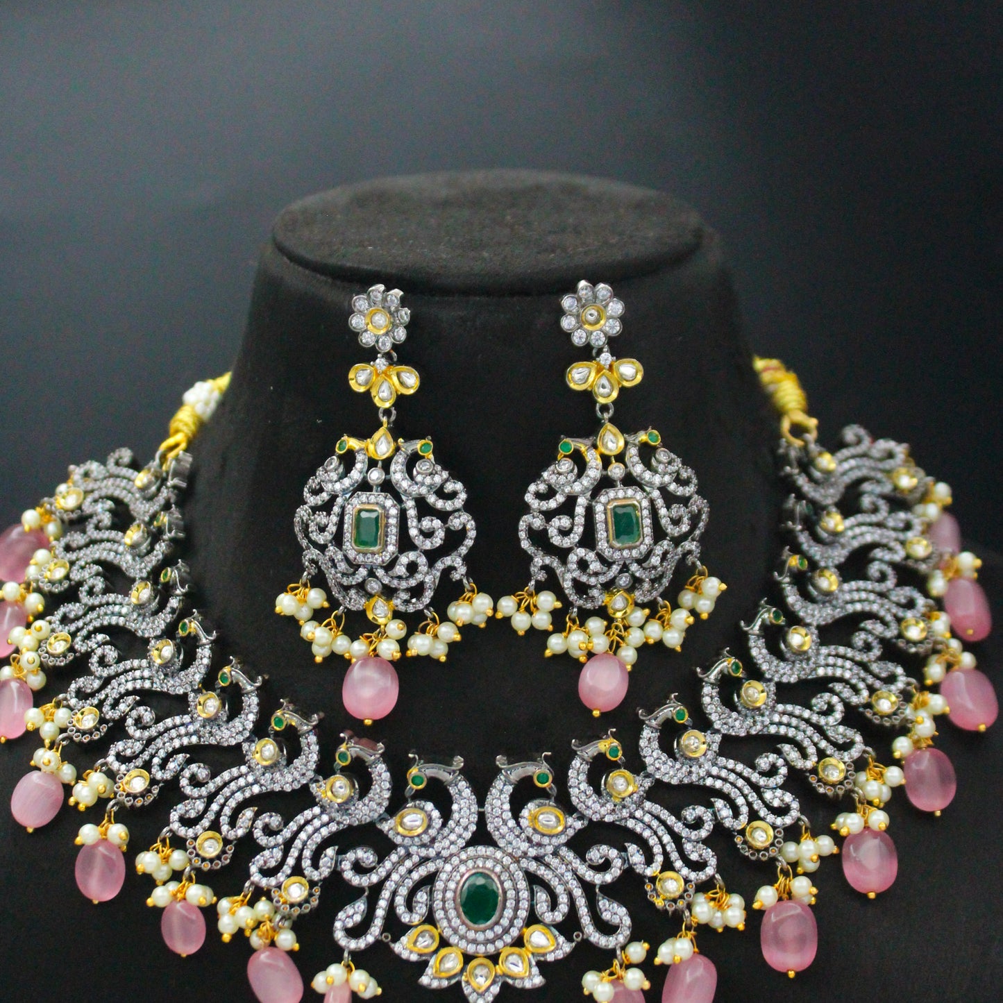 Victorian Peacock Green Short Necklace Set With Pink Beads And Push Back Earrings 18724