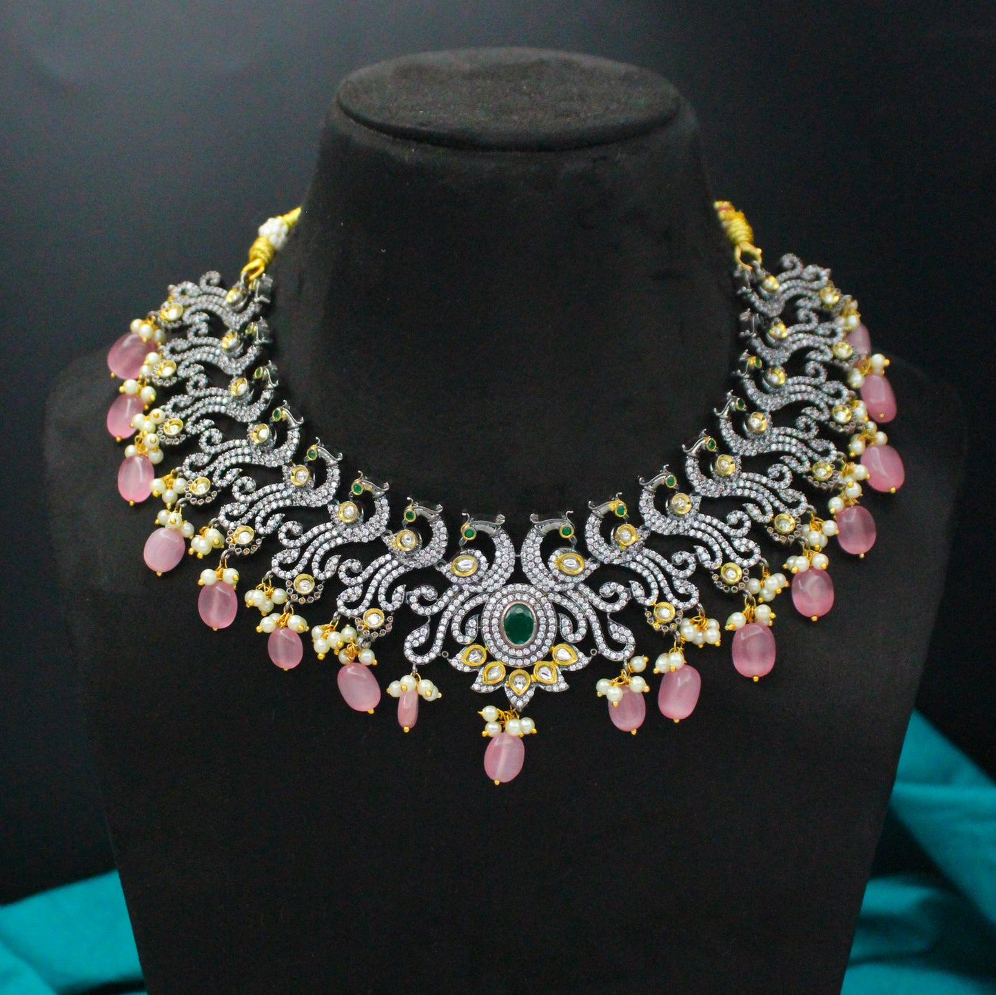 Victorian Peacock Green Short Necklace Set With Pink Beads And Push Back Earrings 18724