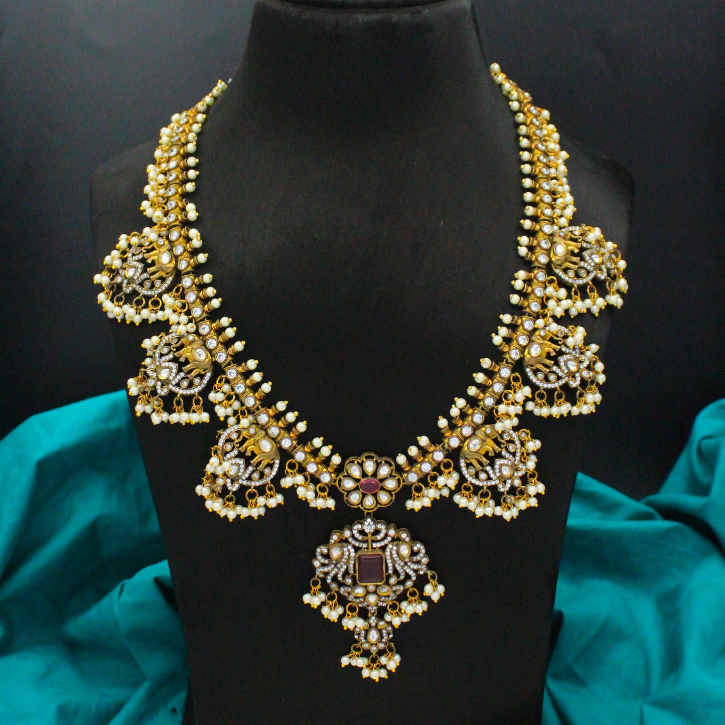 Victorian Elephant Guttapusalu Red Necklace Set With Push Back Earrings 31171