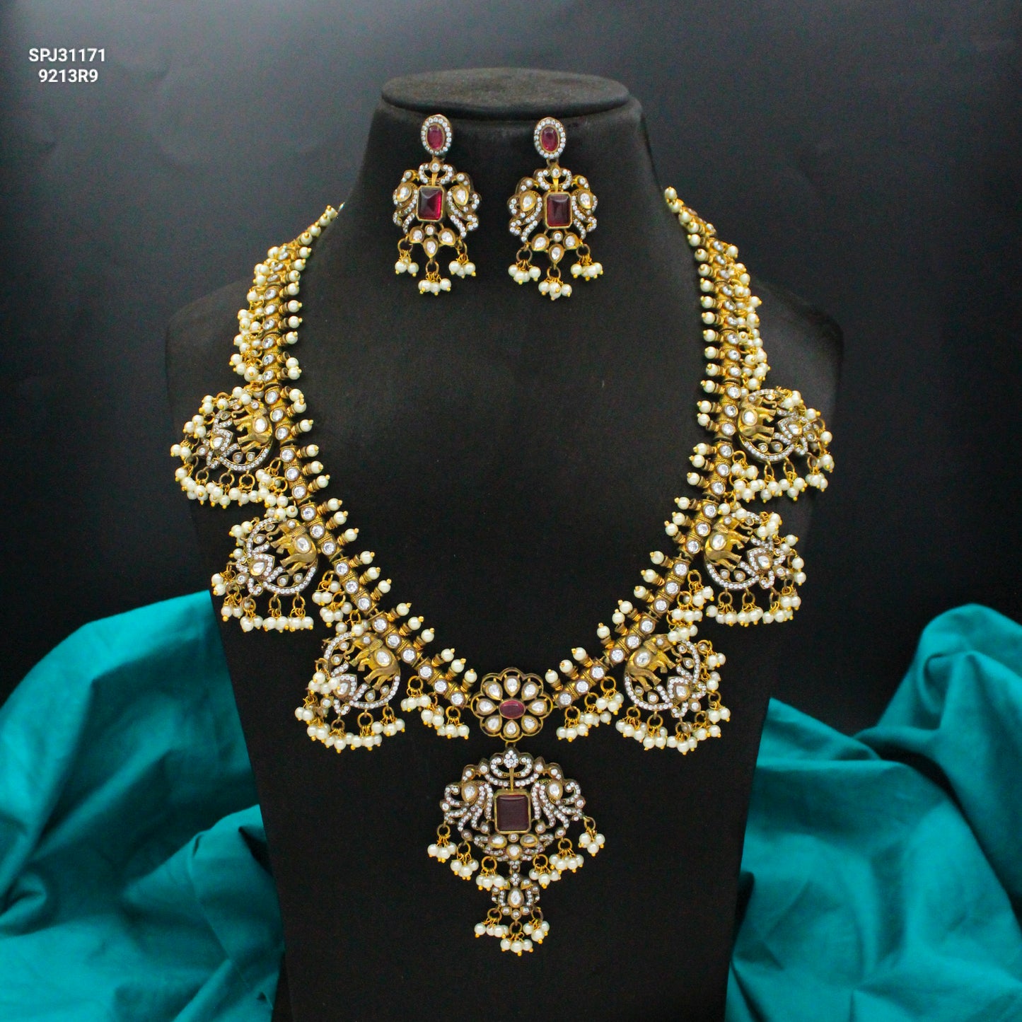 Victorian Elephant Guttapusalu Red Necklace Set With Push Back Earrings 31171