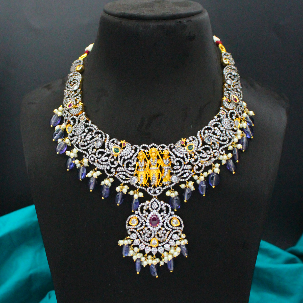 Victorian Black Polish Ram Parivar Short Necklace with Amethyst Beads SP-17787