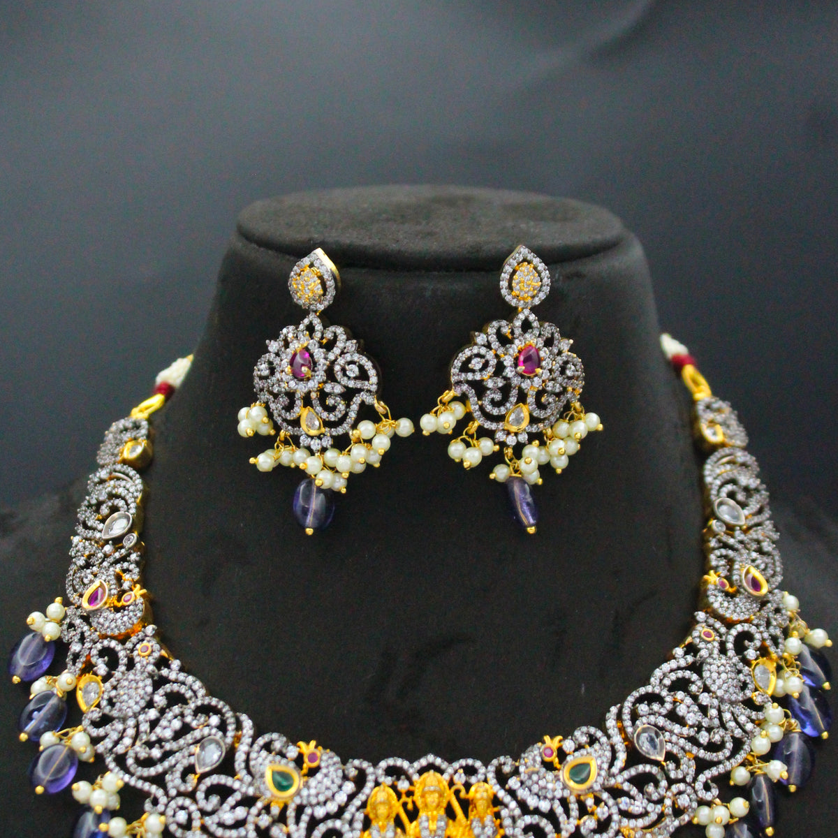 Victorian Black Polish Ram Parivar Short Necklace with Amethyst Beads SP-17787