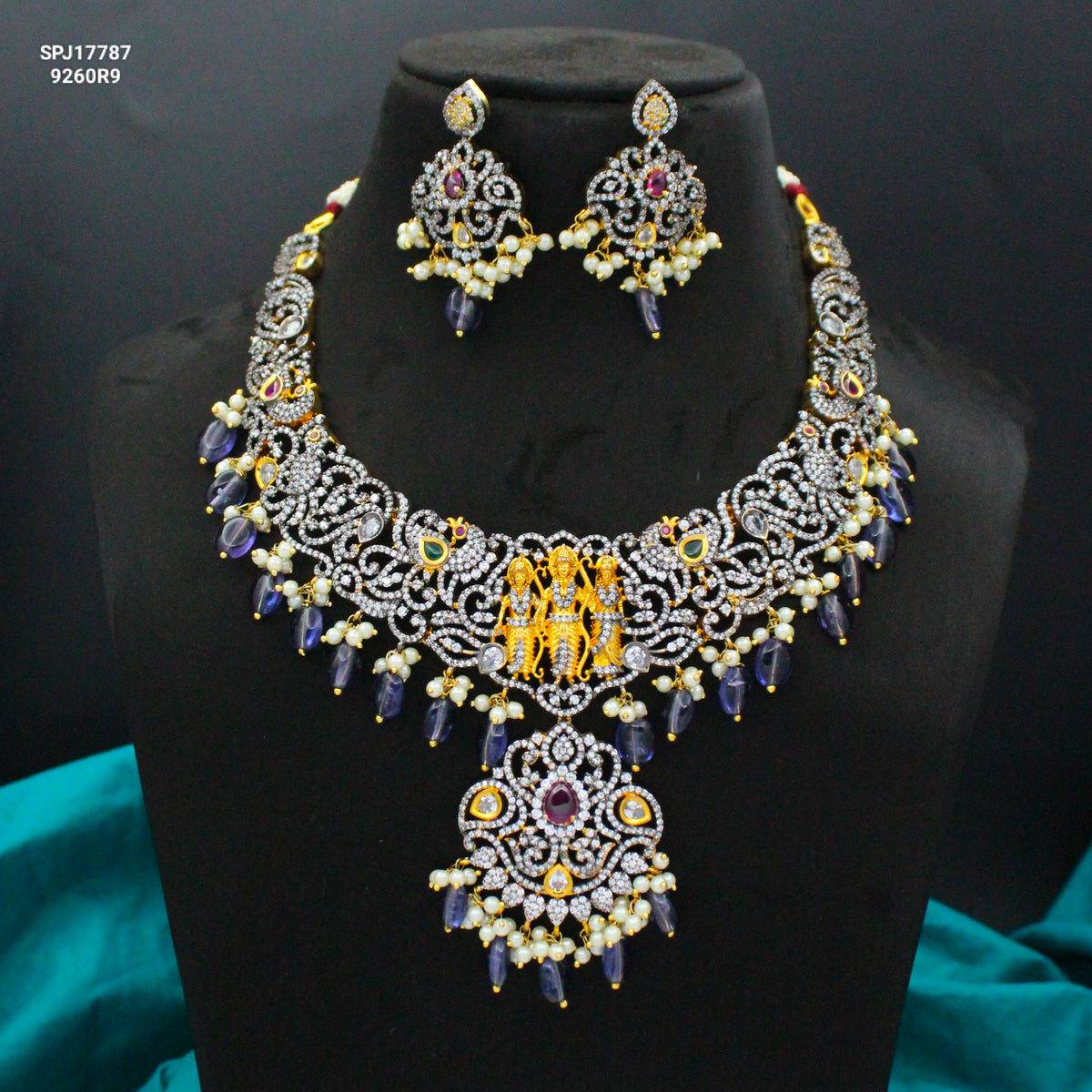 Victorian Black Polish Ram Parivar Short Necklace with Amethyst Beads SP-17787