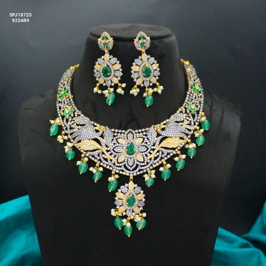 Victorian Peacock Green Short Necklace Set with Pushback Earrings SP-18725