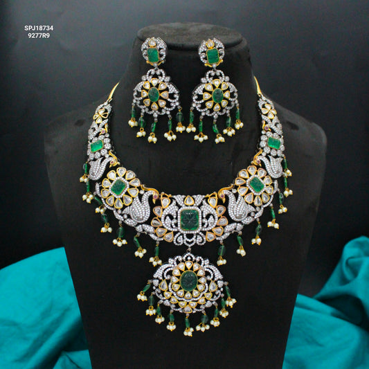 Victorian Peacock Green Short Necklace Set with Pushback Earrings SP-18734