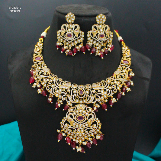 Victorian Peacock Short Necklace Set Red With Push Back Earrings 23019