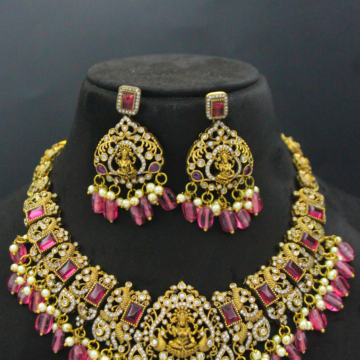 Victorian Bridal Duplet Stone Necklace with Lakshmi Locket SP-37867