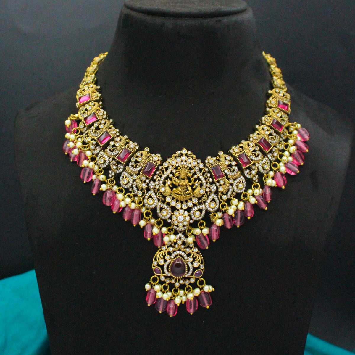 Victorian Bridal Duplet Stone Necklace with Lakshmi Locket SP-37867