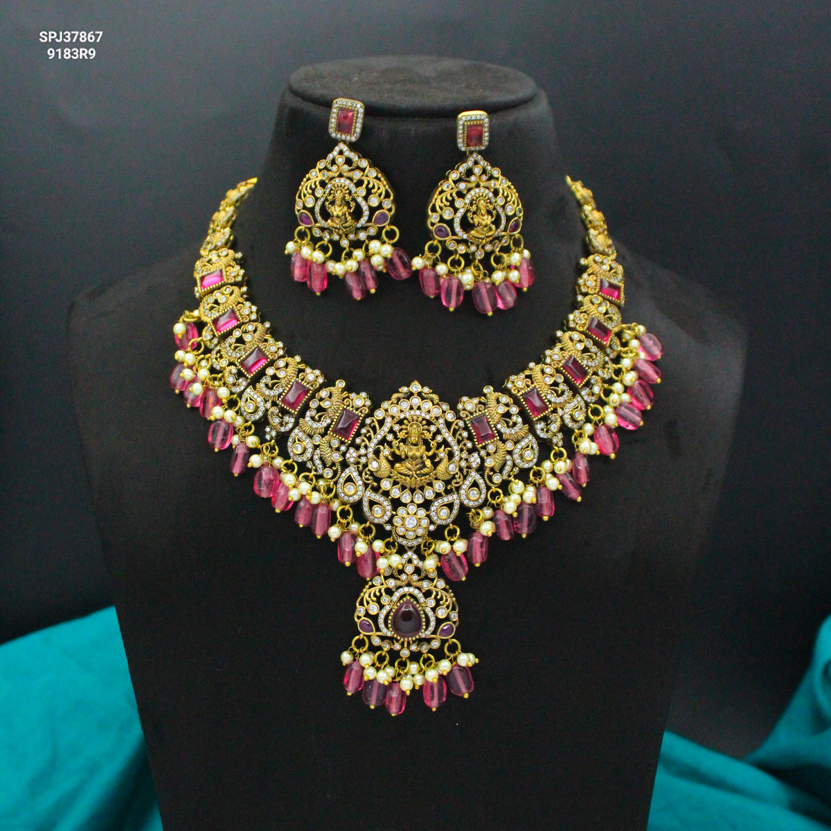 Victorian Bridal Duplet Stone Necklace with Lakshmi Locket SP-37867