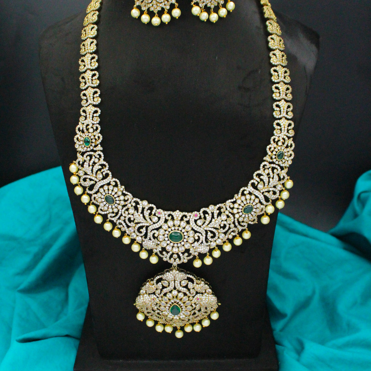 Victorian Peacock Green Long Necklace Set with Screwback Earrings SP-25111