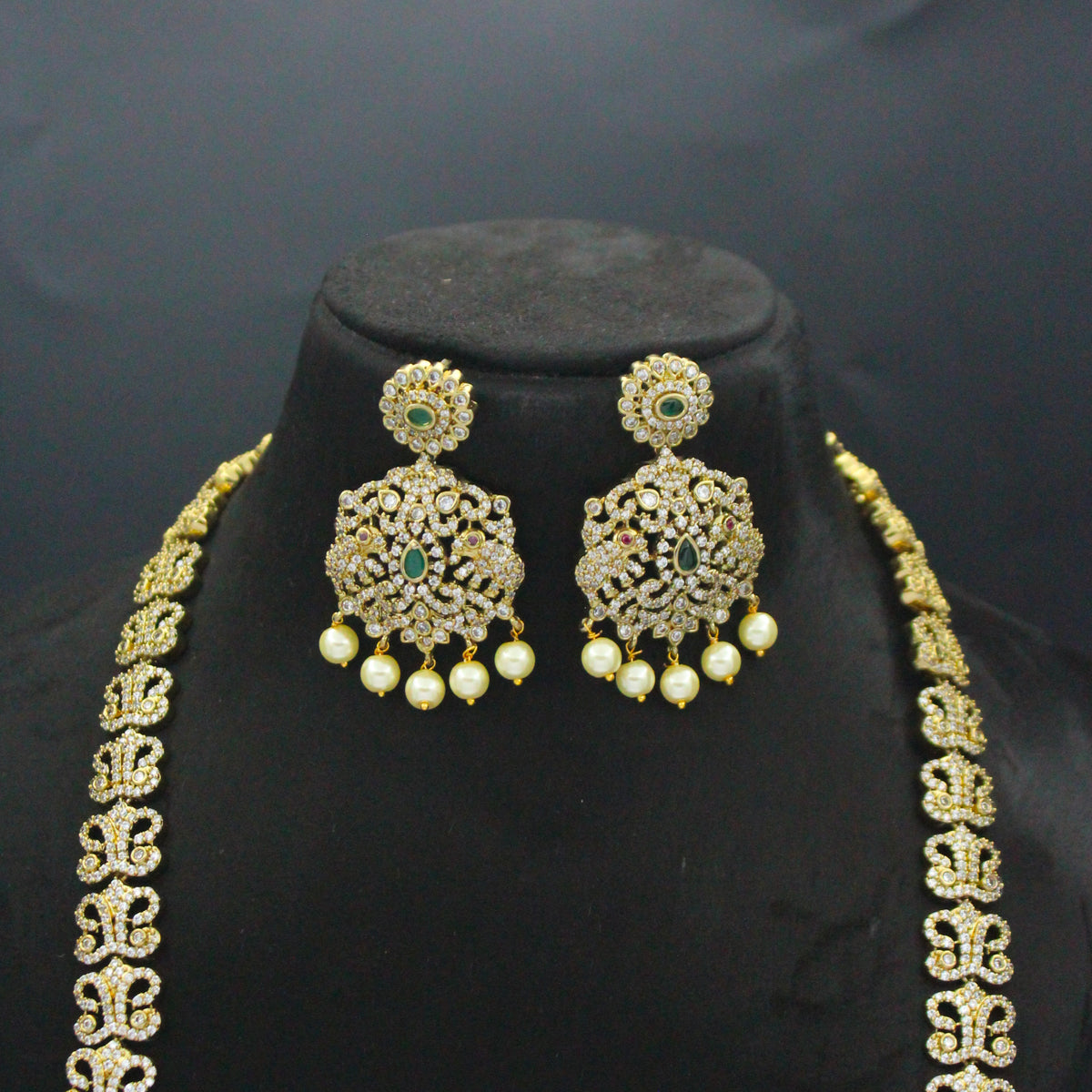 Victorian Peacock Green Long Necklace Set with Screwback Earrings SP-25111