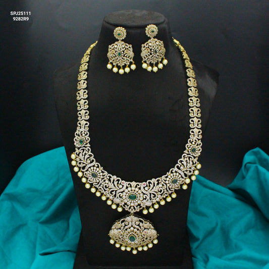 Victorian Peacock Green Long Necklace Set with Screwback Earrings SP-25111
