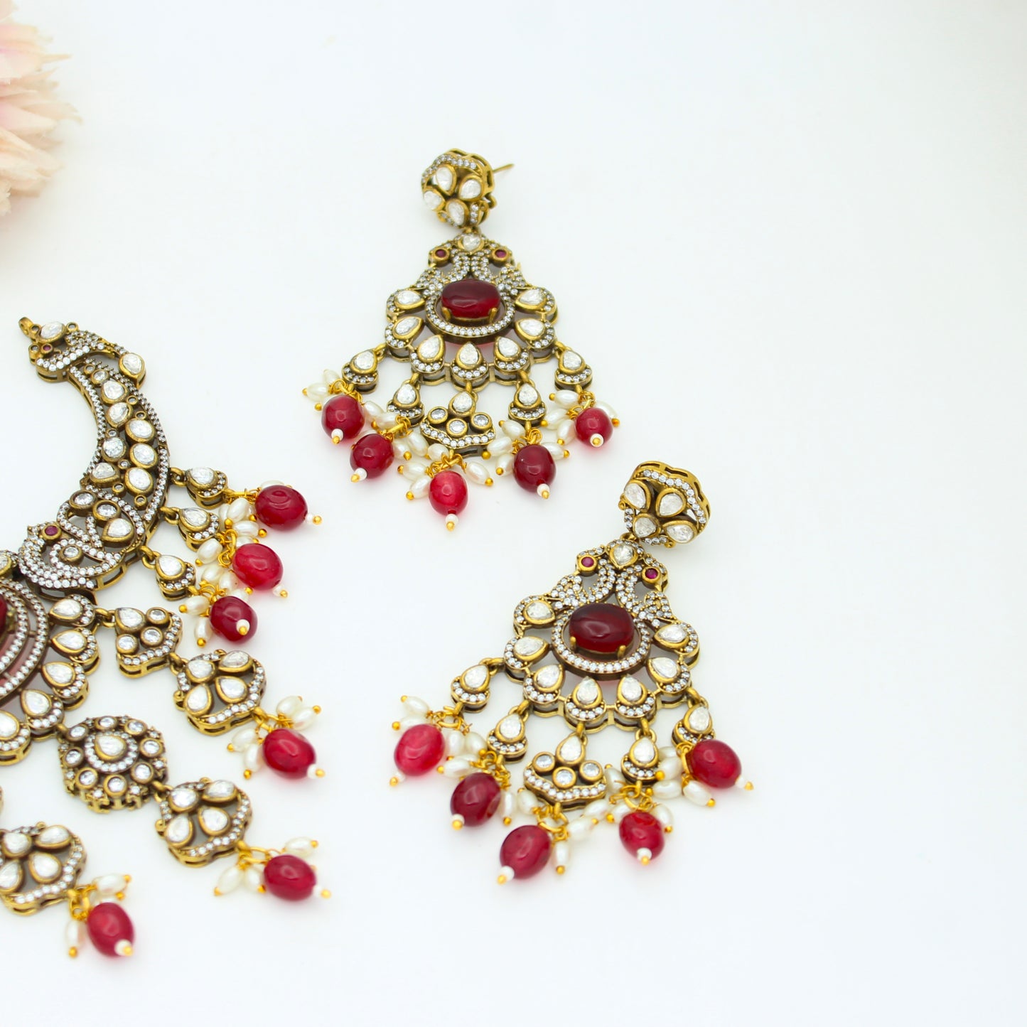 Victorian Peacock Short Necklace Set With Chandbali Earrings Push Back 33692